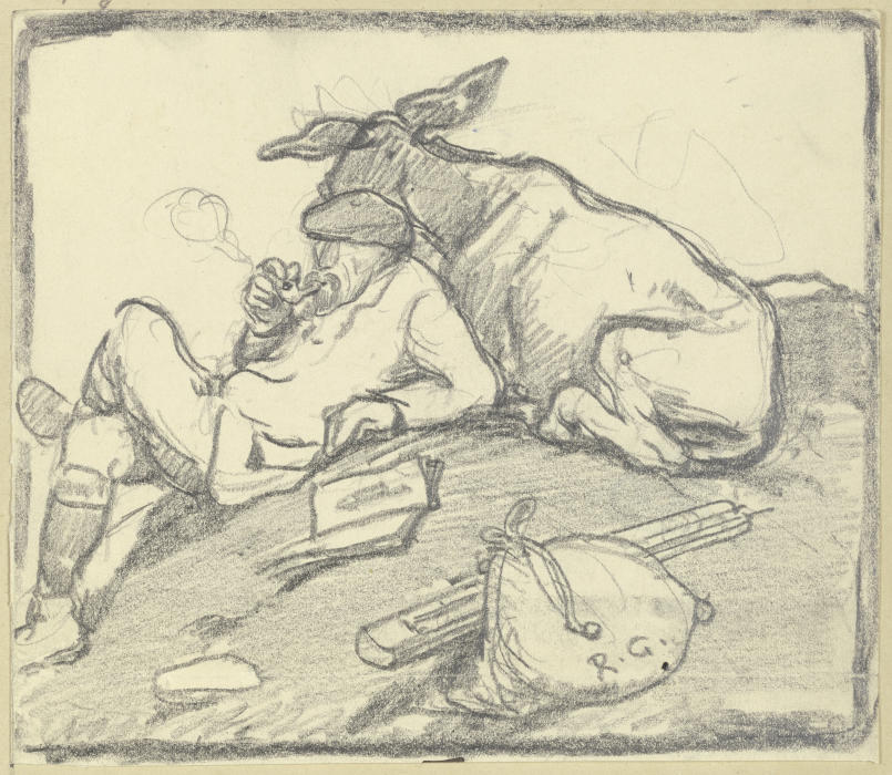 Ein Pfeife rauchender Mann auf einem Hügel rastend, angelehnt an einen Esel de Rudolf Gudden