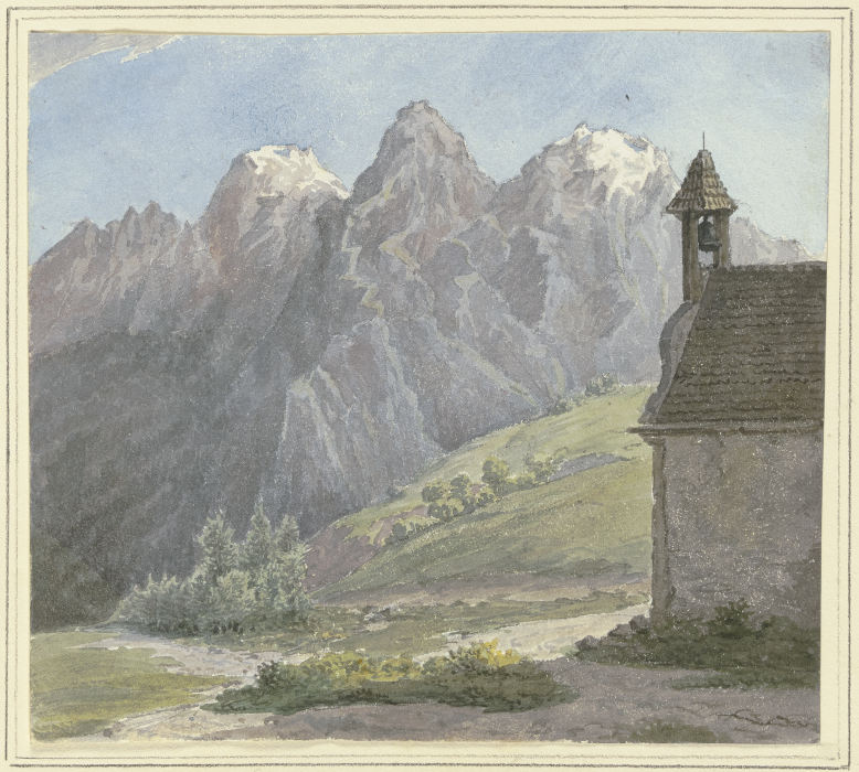 Berggipfel in den Alpen, vorne eine Kapelle de Rudolf Maria Bernhard von Stillfried-Alcantara