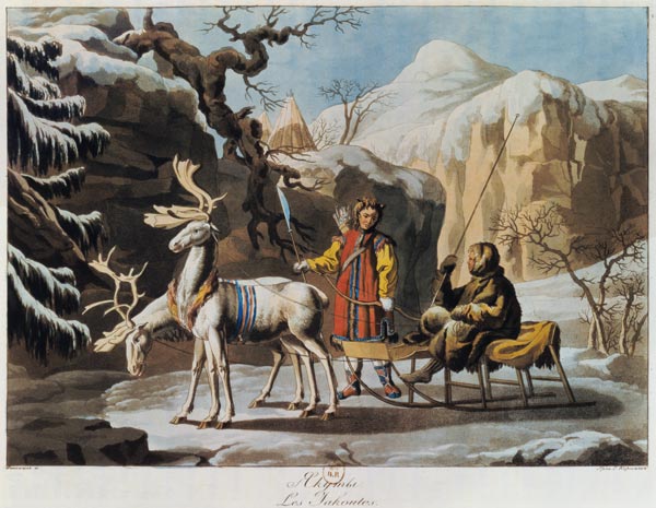 Yakuts of central Siberia in winter landscape, clad in furs and with a reindeer sledge de Russian School