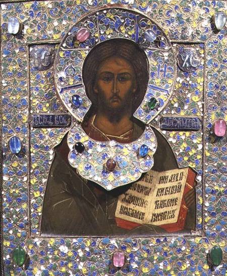 Christ Pantocrator, icon  panel with gilt and cloisonne enamel frame) de Russian School