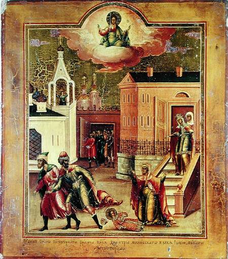 Icon depicting the Assasination of Dmitri Ivanovich (1583-91) in Ouglicht de Russian School