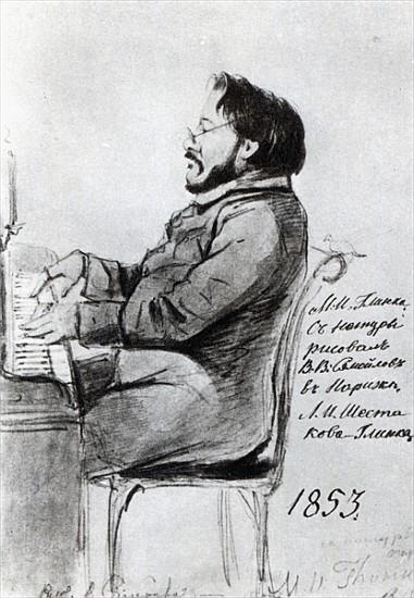 Mikhail Glinka, 1853 (pen & ink with wash on paper) de Russian School