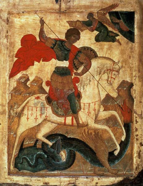 St. George and the Dragon (tempera on fabric, gesso, and de Russian School