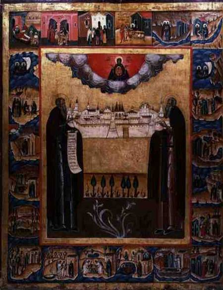 Saints Zosimus and Sabbatheus of Solovetsk with scenes from their lives de Russian School