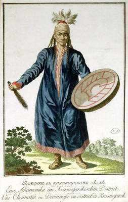 A Shaman from Krasnoiarsk, 18th century (coloured engraving) de Russian School, (18th century)