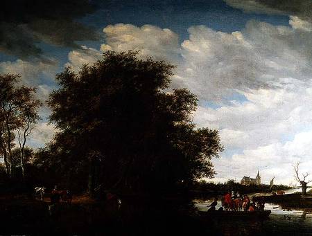 A River Landscape with Figures in a Ferry Boat de Salomon van Ruisdael or Ruysdael
