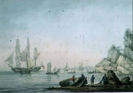 Marine View, with boat and figures on a shore de Samuel Atkins