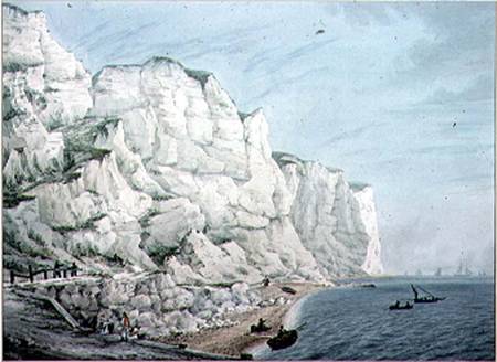 Study of Cliffs: Sailing Vessels in the Offing and Small Boats with Figures near Shore de Samuel Atkins