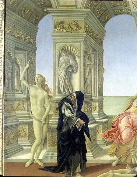 The Calumny of Apelles; detail showing the naked figure of Truth pointing to heaven and Penitence cl de Sandro Botticelli
