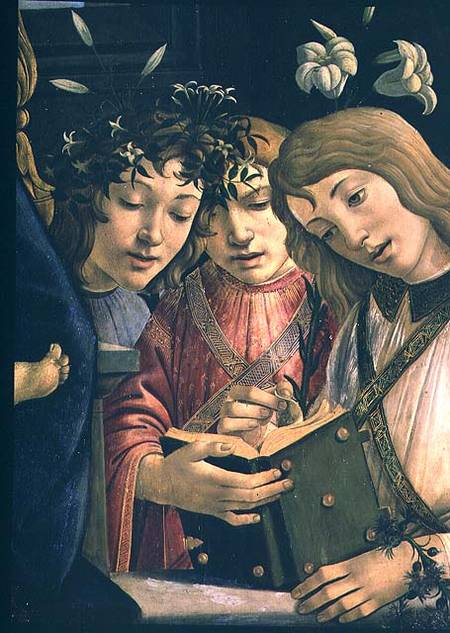 Madonna and child with the young St. John the Baptist and angels: detail showing three angels de Sandro Botticelli