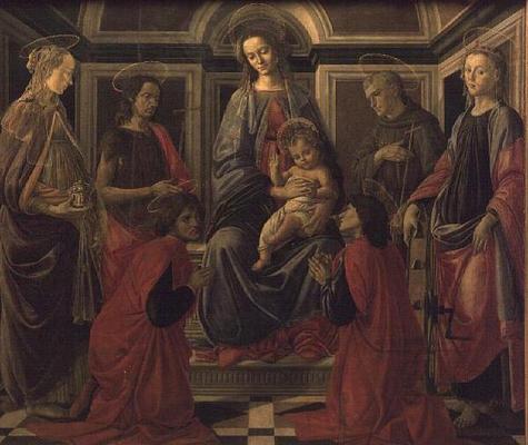 Virgin and Child with SS. Mary Magdalene, John The Baptist, Cosmo, Damian, Francis and Catherine, c. de Sandro Botticelli