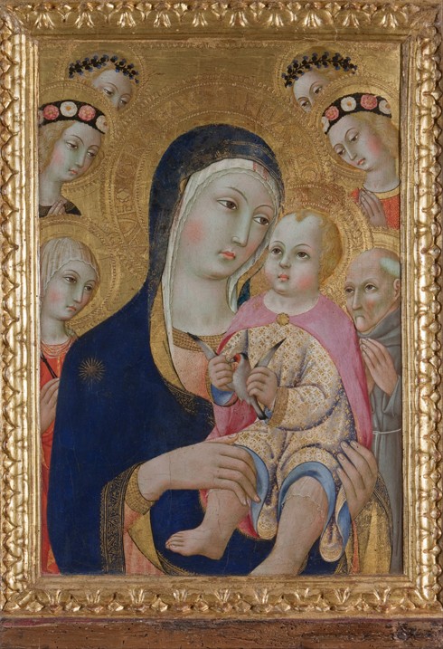 Madonna with Child, Saints Apollonia and Bernardino and four angels de Sano di Pietro