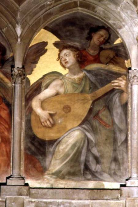 Musical angel within a trompe l'oeil cloister, detail of an angel playing a mandolin, from the inter de Santi di Tito