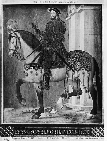 Equestrian portrait of King Francis I of France (w/c on vellum) de (school of) Jean Clouet