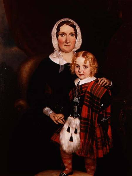 Portrait of a Scottish Woman with her Young Son in Highland Dress de Scottish school