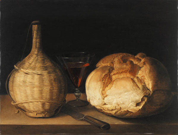 Quiet life with demijohn, goblet and bread. de Sebastian Stosskopf