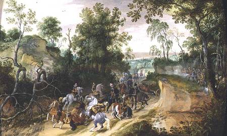 A Cavalry Column Ambushed on a Woodland path de Sebastian Vrancx