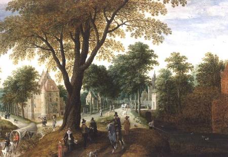Elegant Horsemen and figures on a path in front of a chateau de Sebastian Vrancx