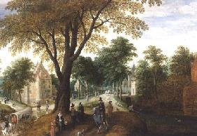 Elegant Horsemen and figures on a path in front of a chateau