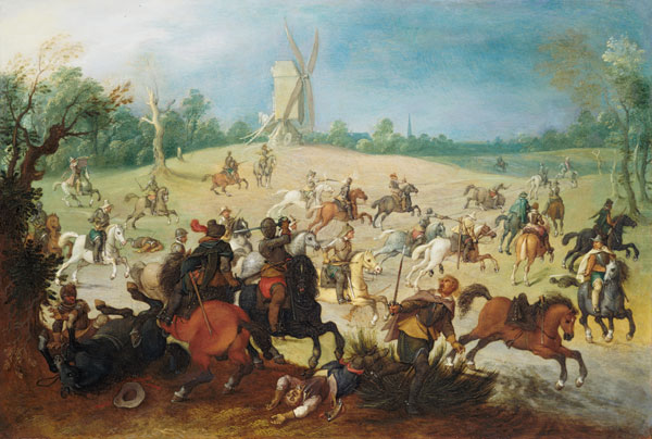 A cavalry battle in a wooded valley before a windmill de Sebastian Vrancx