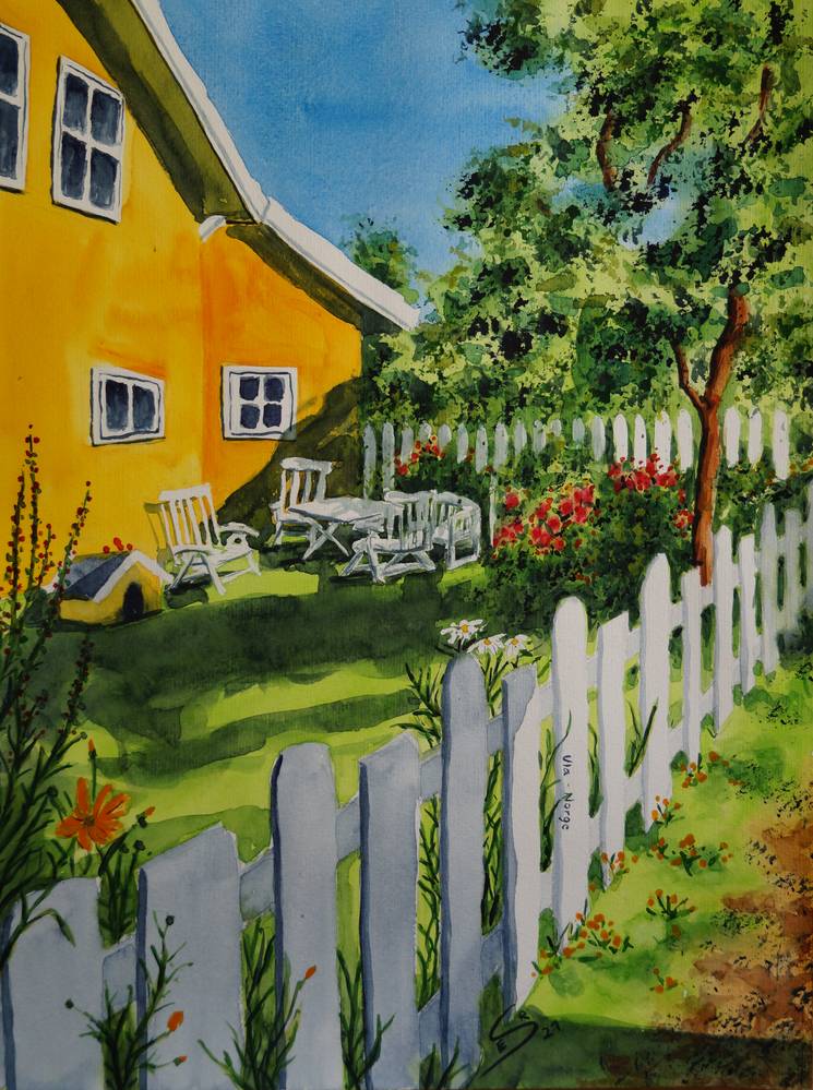 Garten mit gelben Haus in Ula, Süd-Norwegen de Eva Seltmann-Reinig