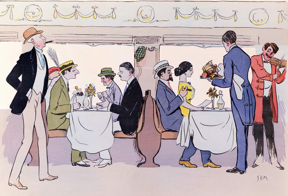Restaurant Car in the Paris to Nice Train, 1913 (colour litho) de Sem