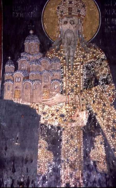 King Stephen Uros II Milutin (r.1282-1321) with a model of the church de Serbian School
