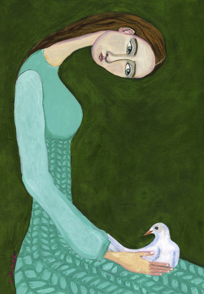 Lady sitting with white dove bird woman de Sharyn Bursic