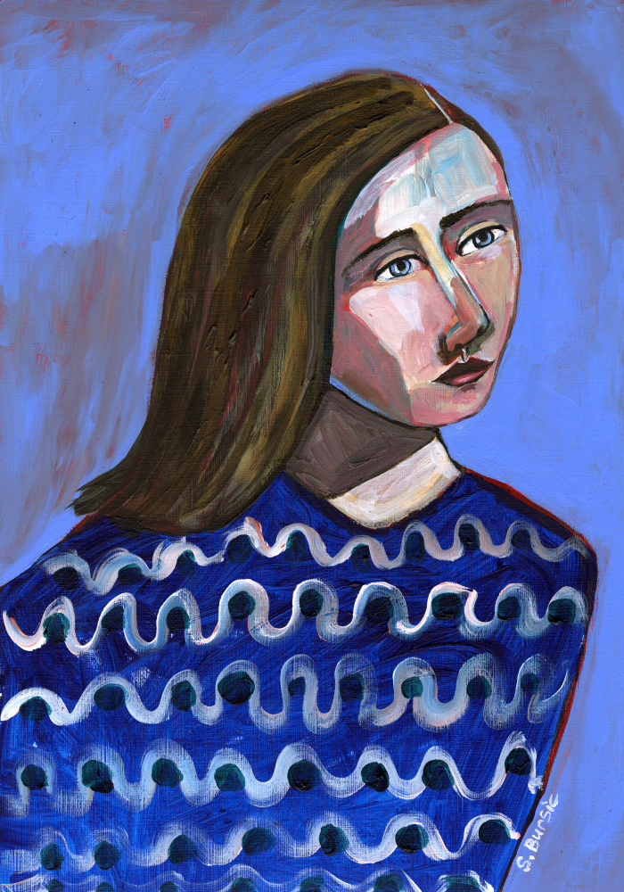 Woman in Blue Sweater Naive Portrait Figurative de Sharyn Bursic