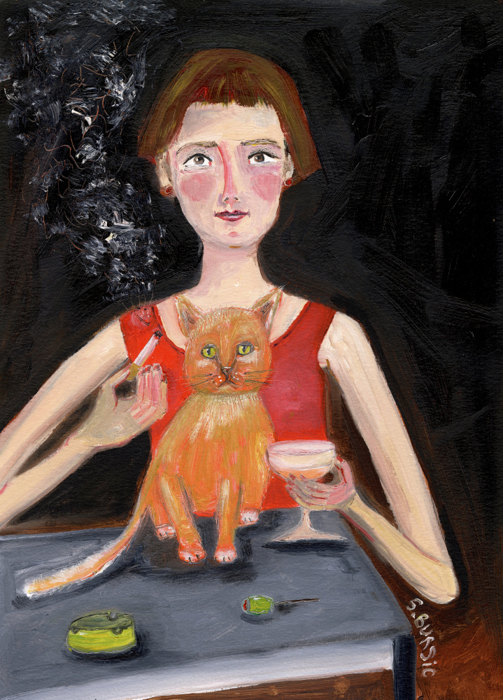 Vintage woman with cocktail and cat de Sharyn Bursic