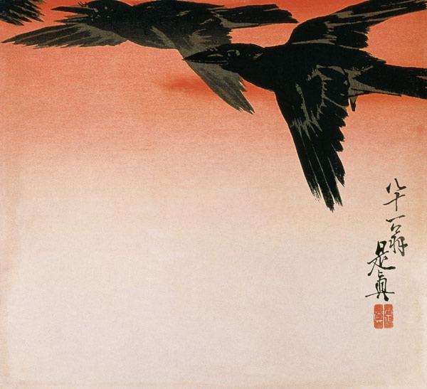 Crows in flight in a red sky de Shibata Zeshin