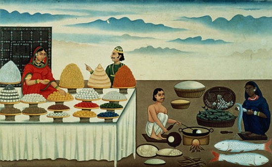 Fish seller, sweetmeat maker and sellers with their wares, Patna, c.1870 de Shiva Dayal Lal