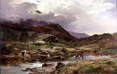 A Mountainous River Scene with Cattle in the Foreground de Sidnay Richard Percy
