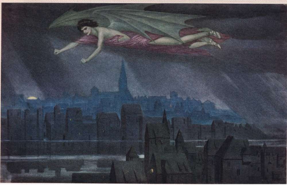Lucifer flying over the city. Sleep, sleep, o city! Till the light wake you to sin and crime again. de Sidney Meteyard