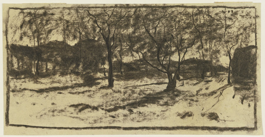 Obstbäume im Schnee, im Hintergrund Häuser de Sion Longley Wenban