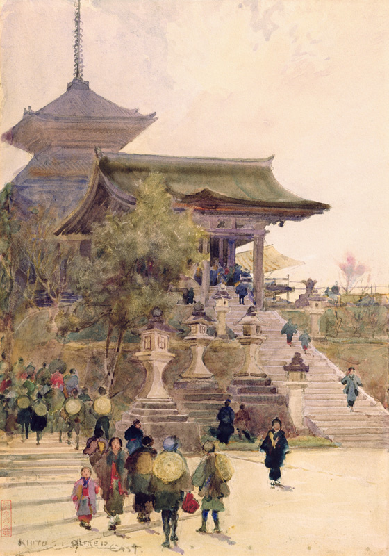 The Entrance to the Temple of Kiyomizu-Dera, Kyoto, with Pilgrims ascending de Sir Alfred East