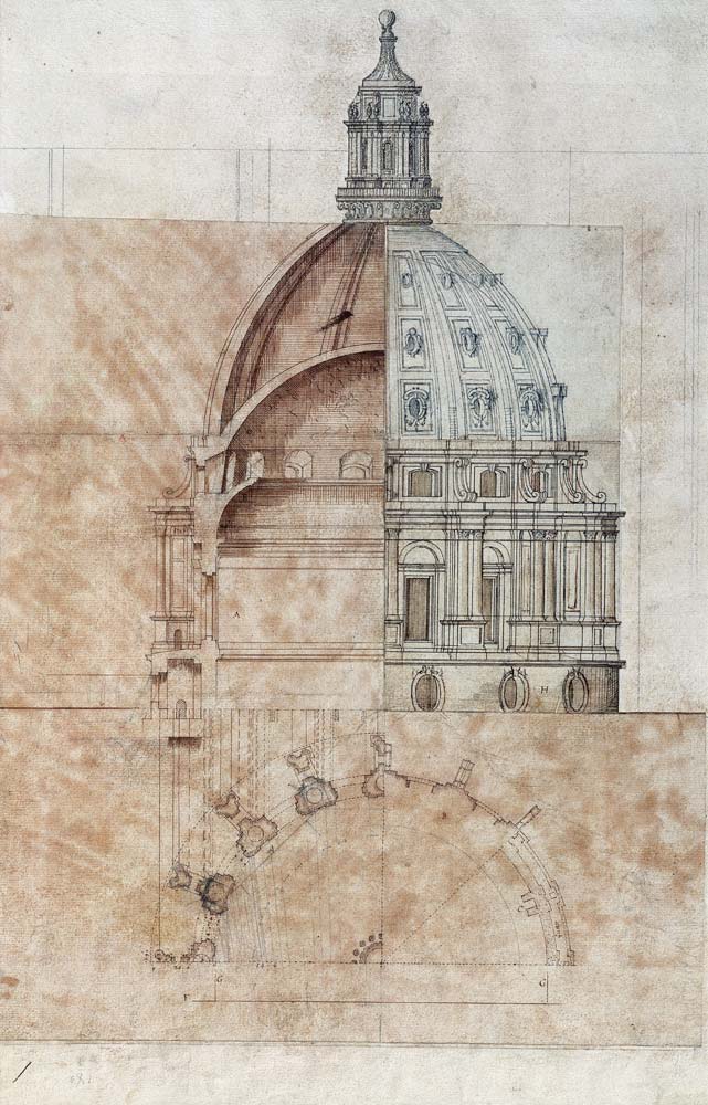 The 'Definitive Design': section, elevation and half plan of St. Paul's Cathedral dome cil on de Sir Christopher Wren