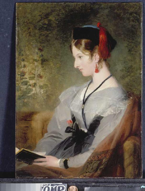 Bildnis von Elizabeth Wells (spätere Lady Dyke) in grauem Kleid mit Buch. de Sir Edwin Henry Landseer