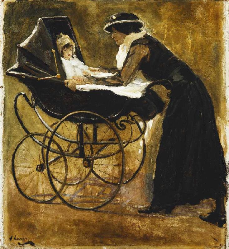 Eine junge Frau mit Baby in einem Kinderwagen. de Sir John Lavery