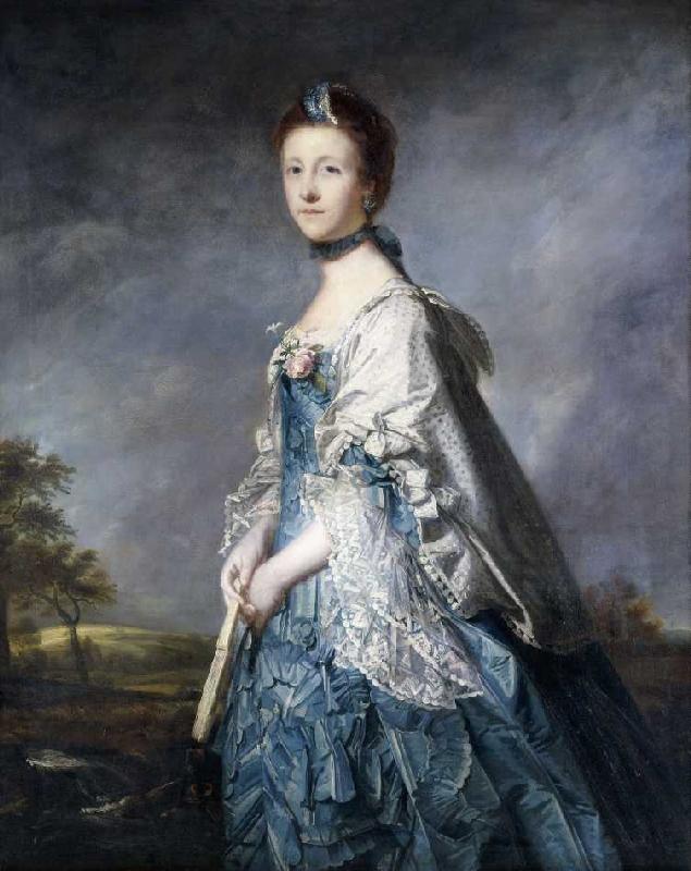 Bildnis der Countess Winterton in einem blauen Kleid vor einer Landschaft. de Sir Joshua Reynolds