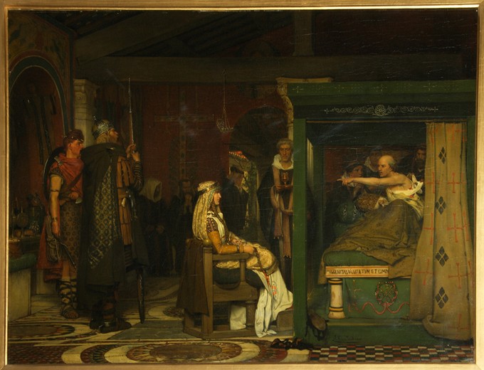 Fredegund visits Bishop Prætextatus on his deathbed de Sir Lawrence Alma-Tadema