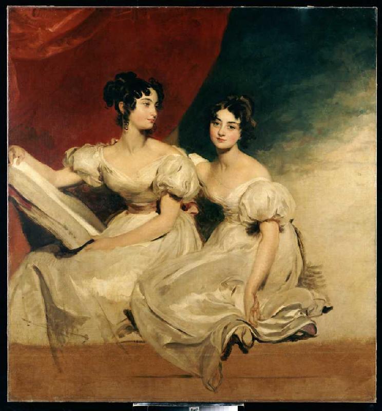 Doppelbildnis der Fullerton Schwestern in weißen Kleidern. de Sir Thomas Lawrence
