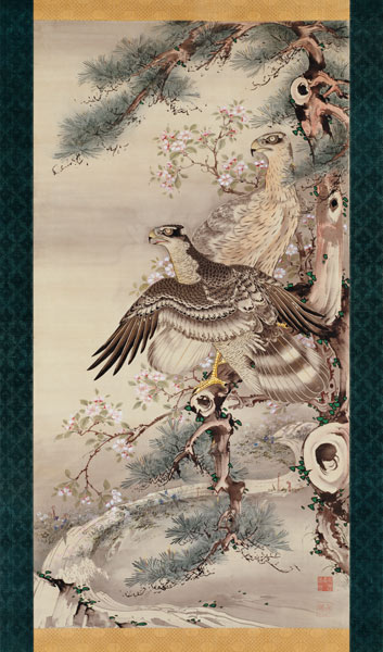 Pair of Hawks with Branch and Blossoms de Soga Shohaku