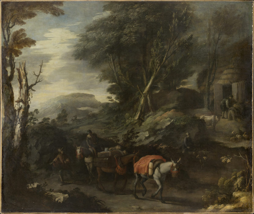 Mountainous landscape with a traveling merchant de Spanischer Meister des 17. Jahrhunderts