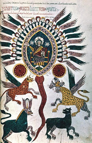 Additional 11695, fol.240 Daniel''s vision of the Four Beasts and God enthroned, from the Beatus Apo de Spanish School