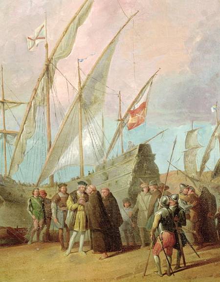 Departure of Christopher Columbus (1451-1506) from Palos, detail of the central group de Spanish School