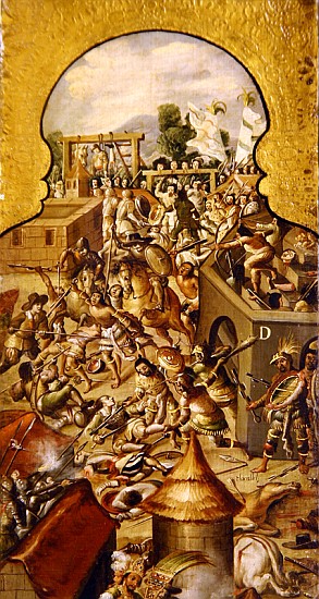 Depiction of the atrocities committed during the fighting for the conquest of the Temple Mayor and t de Spanish School