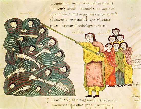 Fol.39v Moses closing the Red Sea on the Egyptians, from the ''Bible Mozarabe'' de Spanish School