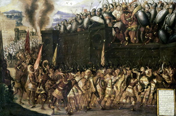 Montezuma (1466-1547), captured by the Spaniards, pleads with the Aztecs to surrender as they attack de Spanish School, (16th century)