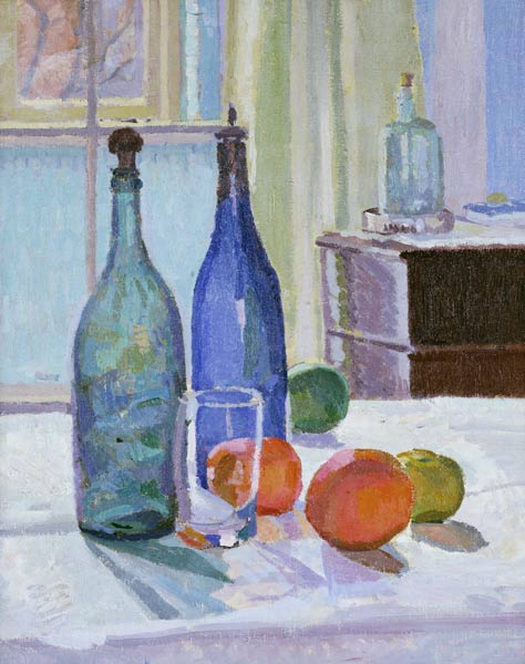 Stillleben mit blauen Flaschen und Orangen de Spencer Frederick Gore